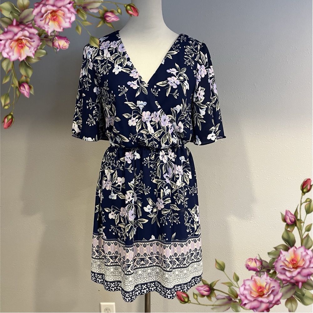Miami wrap top short‎ sleeeves mini floral dress size XS